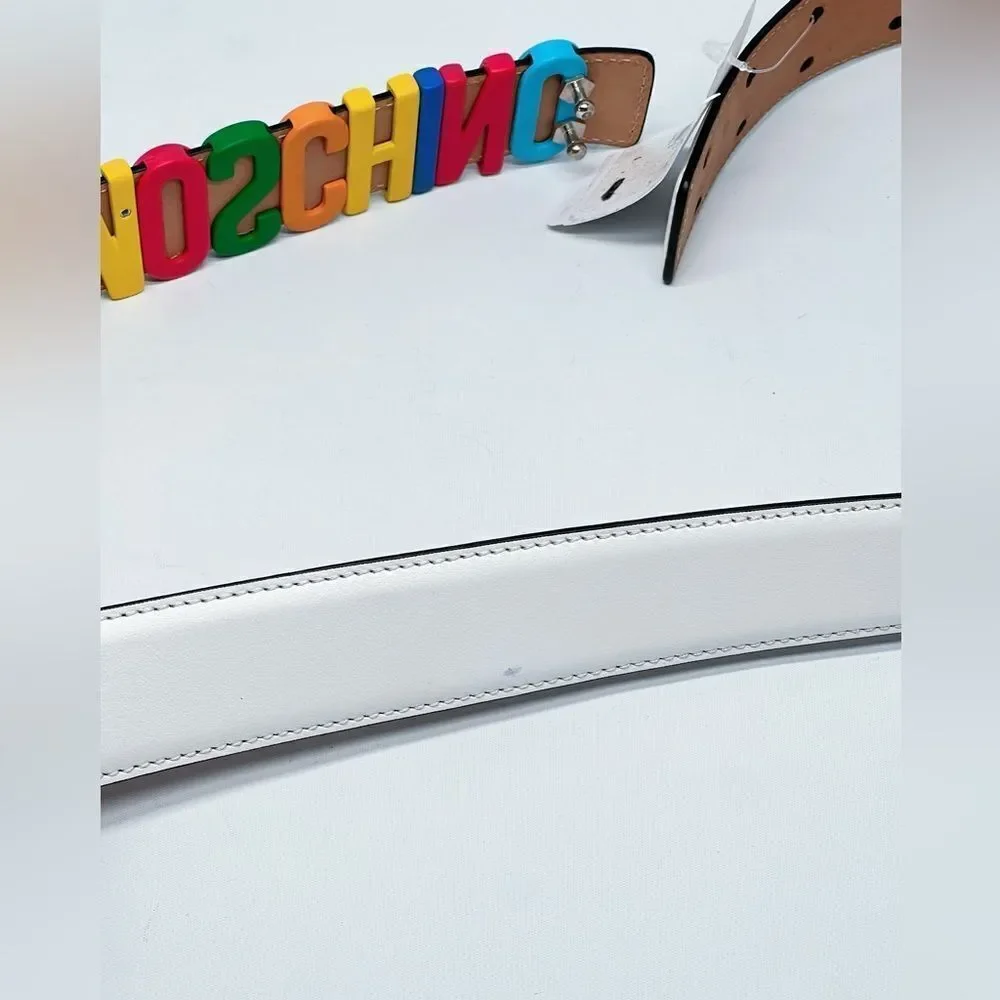 Moschino Multicolor Logo Buckle Leather Belt size 50/34”